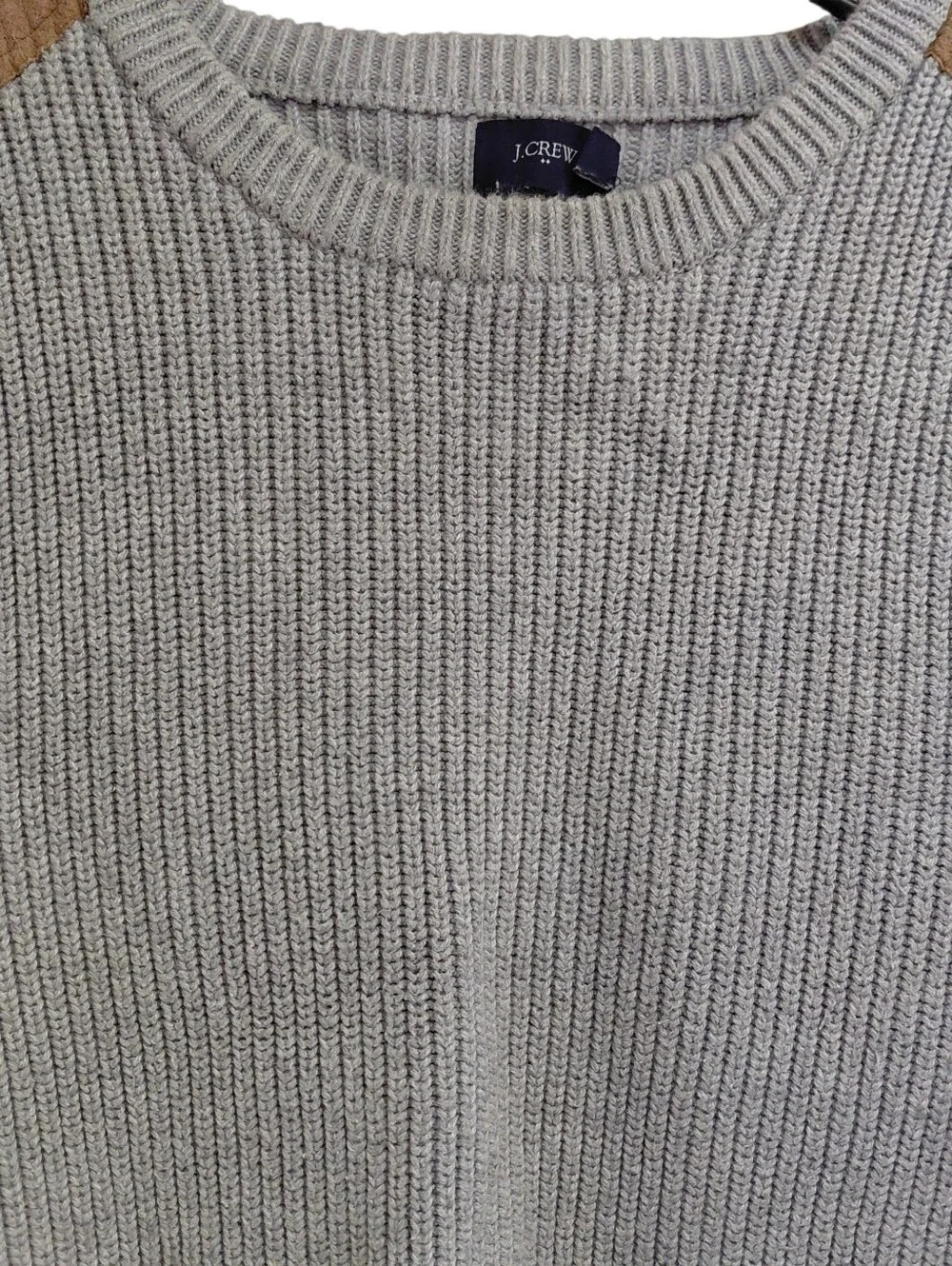 J. Crew Woodsmen Gray Crewneck Ribbed Sweater with Tan Shoulder Patches Size L